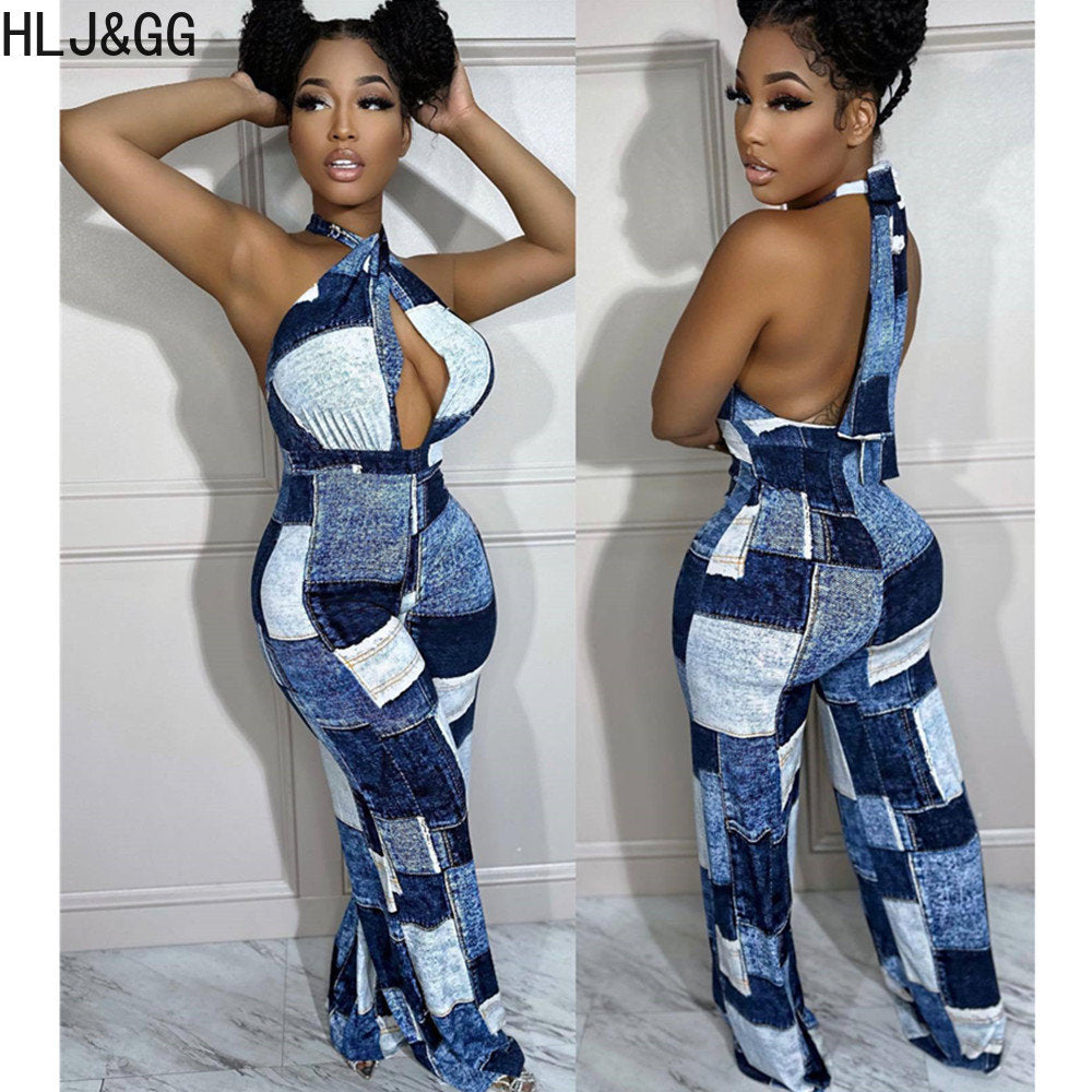 HLJ&amp;GG Blue Sexy Denim Color Patchwork Jumpsuits Women Hollow Out Halter One Piece Playsuits Casual Plaid Printing Overalls 2024
