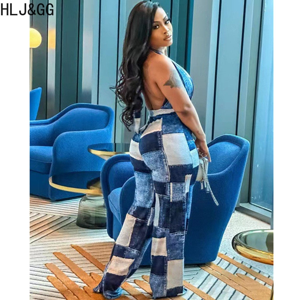 HLJ&amp;GG Blue Sexy Denim Color Patchwork Jumpsuits Women Hollow Out Halter One Piece Playsuits Casual Plaid Printing Overalls 2024
