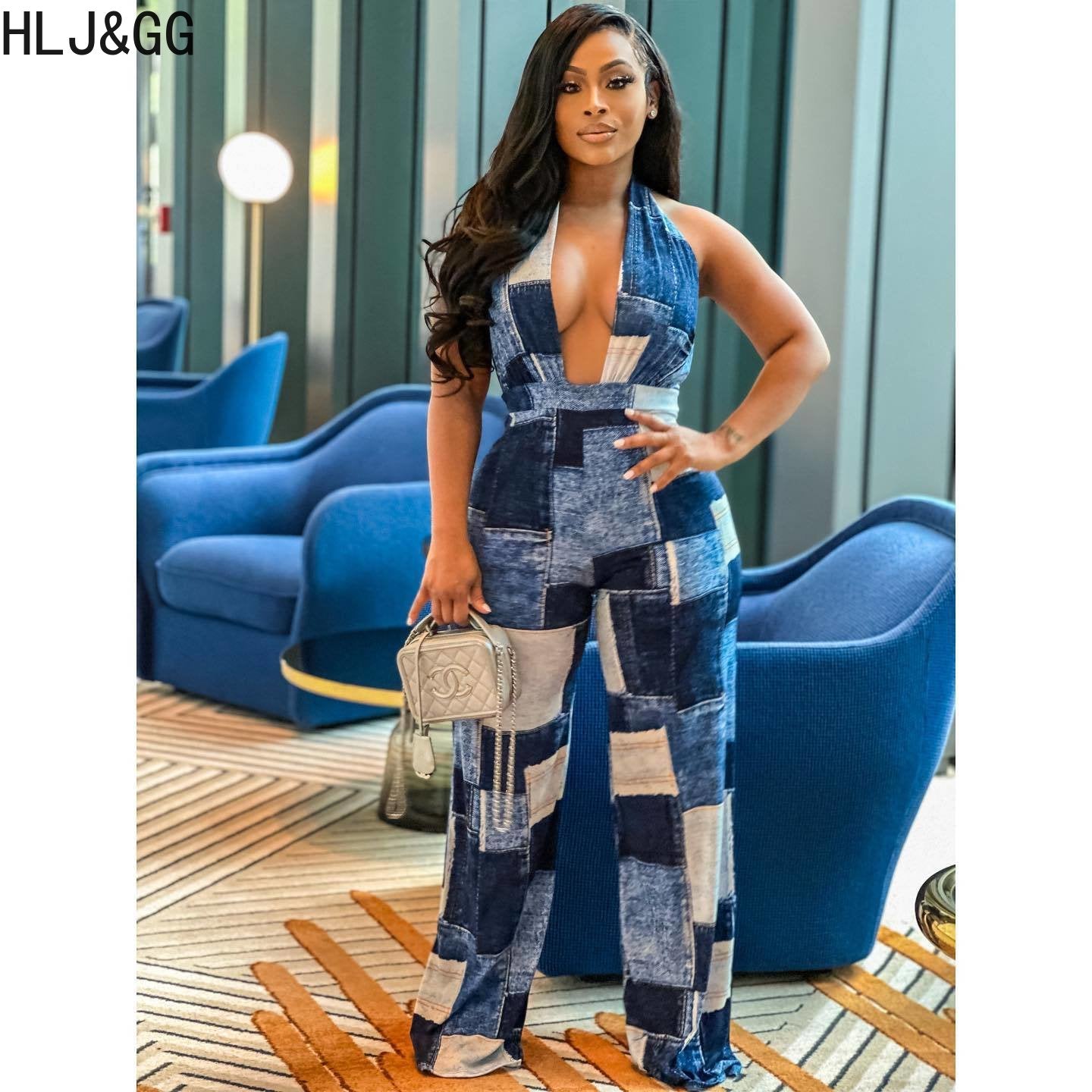 HLJ&amp;GG Blue Sexy Denim Color Patchwork Jumpsuits Women Hollow Out Halter One Piece Playsuits Casual Plaid Printing Overalls 2024