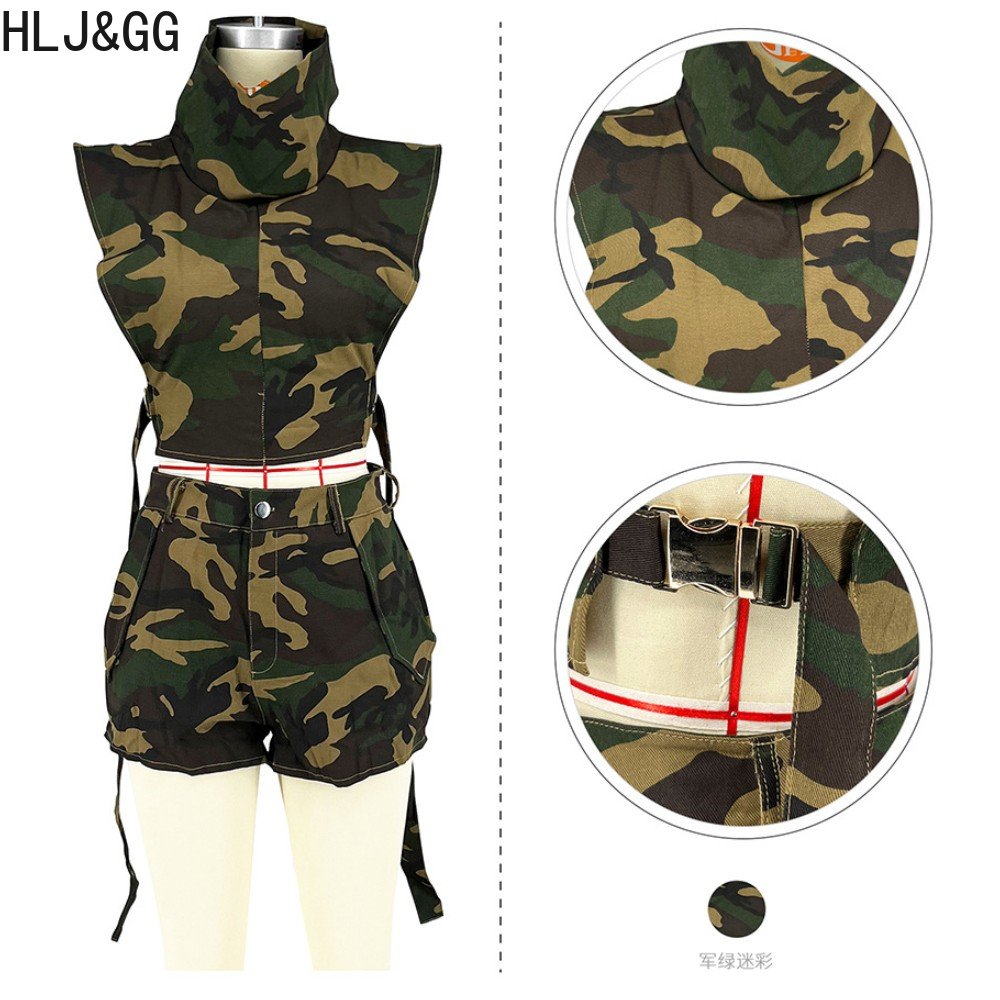 HLJ&amp;GG Fashion Street Style Women Camouflage Printing Turtleneck Sleeveless Crop Top And Shorts Two Piece Sets Outfits 2024 New