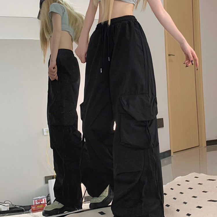 HOUZHOU Harajuku Y2k Wide Cargo Pants Women Baggy Hip Hop Style Black Parachute Pants Pink Oversized Joggers Korean Streetwear