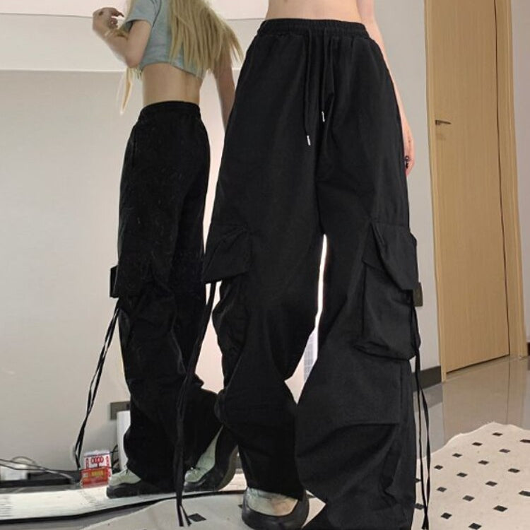 HOUZHOU Harajuku Y2k Wide Cargo Pants Women Baggy Hip Hop Style Black Parachute Pants Pink Oversized Joggers Korean Streetwear