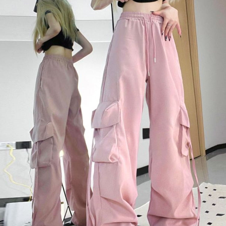 HOUZHOU Harajuku Y2k Wide Cargo Pants Women Baggy Hip Hop Style Black Parachute Pants Pink Oversized Joggers Korean Streetwear Pink