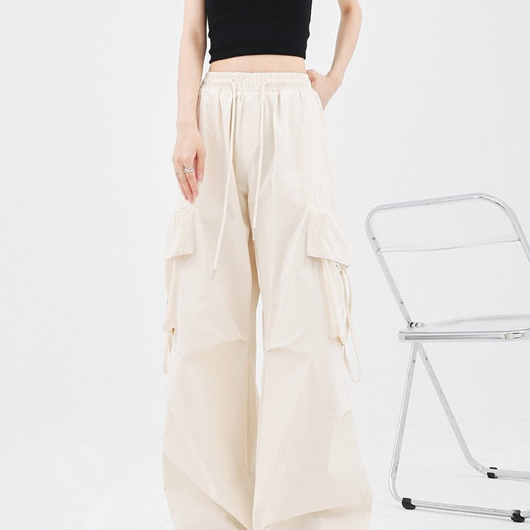 HOUZHOU Harajuku Y2k Wide Cargo Pants Women Baggy Hip Hop Style Black Parachute Pants Pink Oversized Joggers Korean Streetwear Beige
