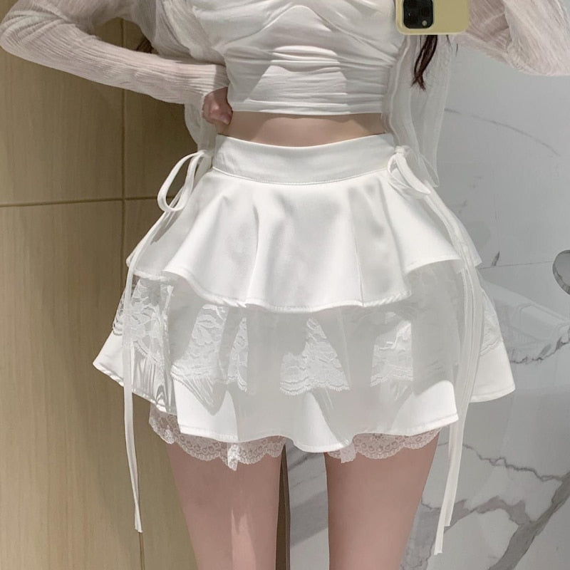 HOUZHOU Kawaii Pink Ruffle Mini Skirt Women Fairycore Lace Double-layer Cute High Waist Bandage Sexy Short Skirt Coquette Lolita White