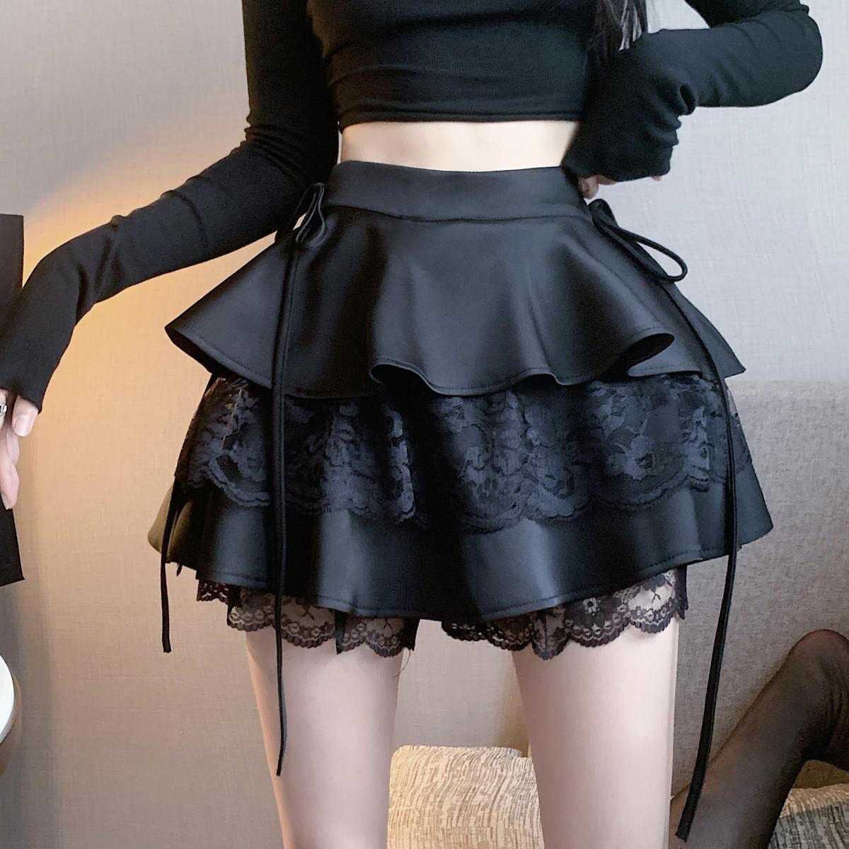 HOUZHOU Kawaii Pink Ruffle Mini Skirt Women Fairycore Lace Double-layer Cute High Waist Bandage Sexy Short Skirt Coquette Lolita Black