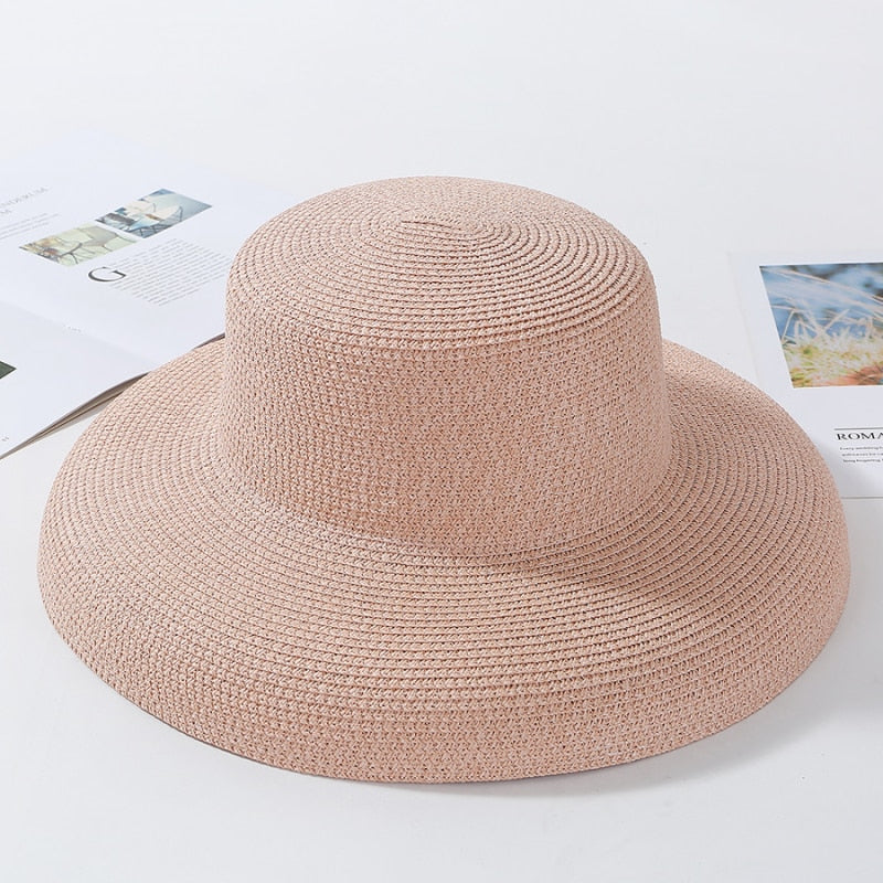 HT2303 2024 New Summer Sun Hats Ladies Solid Plain Elegant Wide Brim Hat Female Round Top Panama Floppy Straw Beach Hat Women