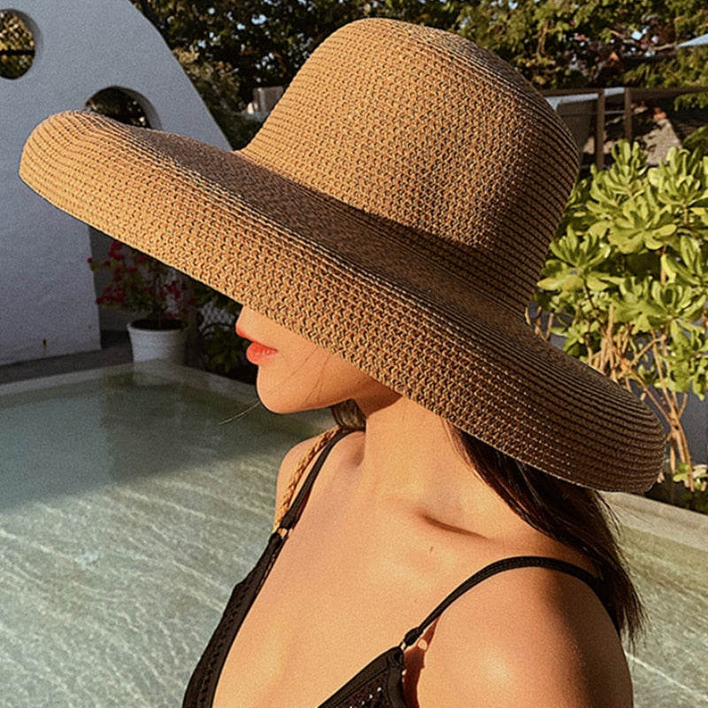 HT2303 2024 New Summer Sun Hats Ladies Solid Plain Elegant Wide Brim Hat Female Round Top Panama Floppy Straw Beach Hat Women