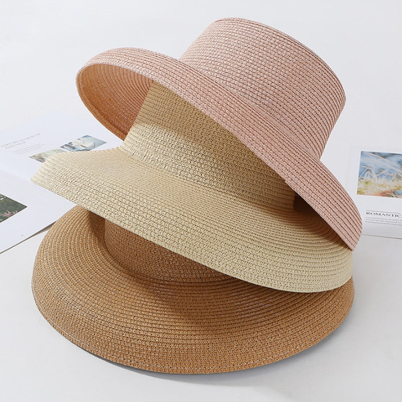 HT2303 2024 New Summer Sun Hats Ladies Solid Plain Elegant Wide Brim Hat Female Round Top Panama Floppy Straw Beach Hat Women