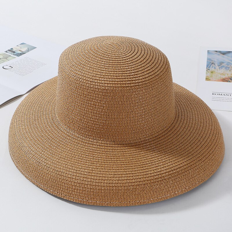 HT2303 2024 New Summer Sun Hats Ladies Solid Plain Elegant Wide Brim Hat Female Round Top Panama Floppy Straw Beach Hat Women