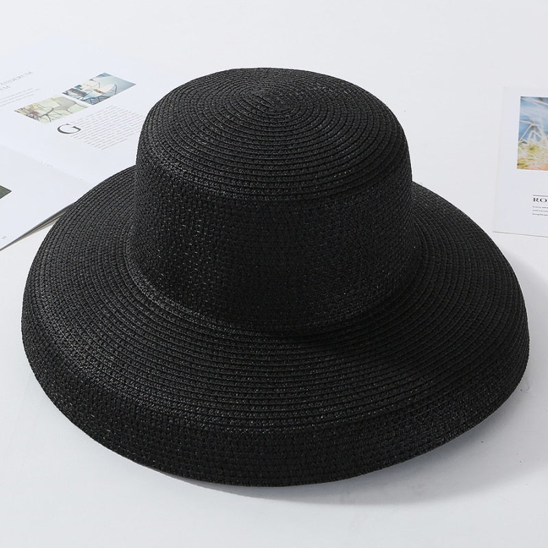 HT2303 2024 New Summer Sun Hats Ladies Solid Plain Elegant Wide Brim Hat Female Round Top Panama Floppy Straw Beach Hat Women Black