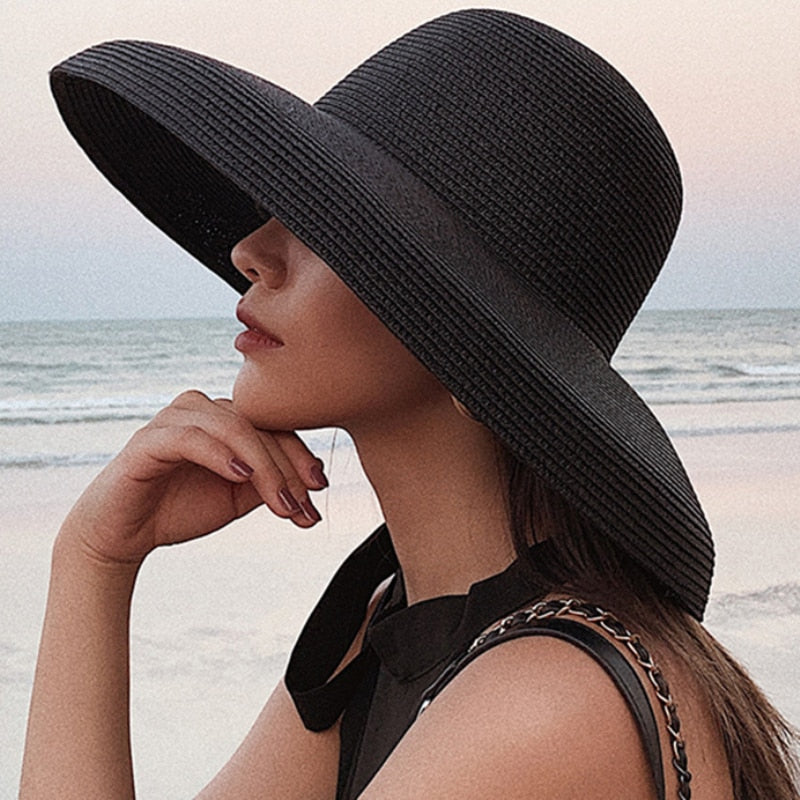 HT2303 2024 New Summer Sun Hats Ladies Solid Plain Elegant Wide Brim Hat Female Round Top Panama Floppy Straw Beach Hat Women