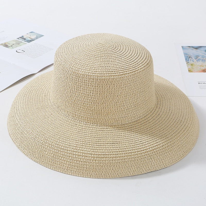 HT2303 2024 New Summer Sun Hats Ladies Solid Plain Elegant Wide Brim Hat Female Round Top Panama Floppy Straw Beach Hat Women Beige