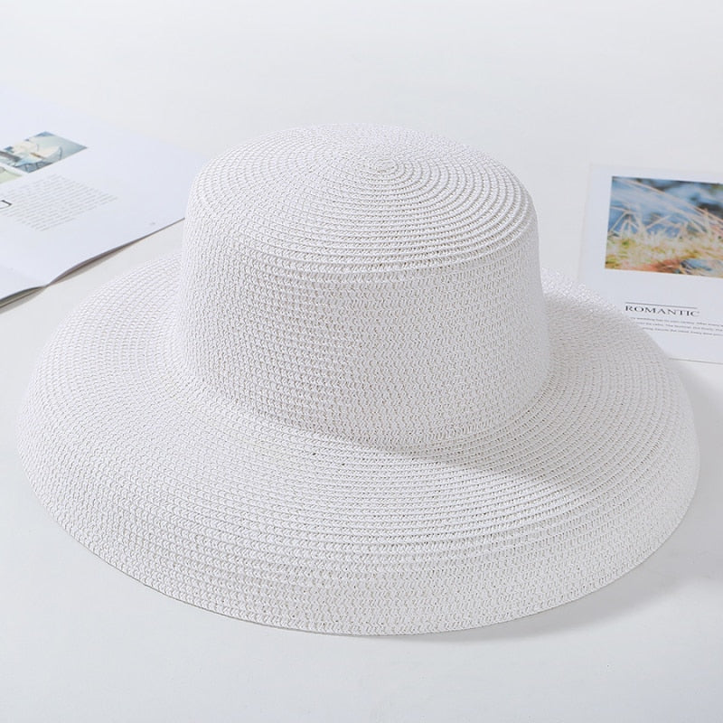 HT2303 2024 New Summer Sun Hats Ladies Solid Plain Elegant Wide Brim Hat Female Round Top Panama Floppy Straw Beach Hat Women White