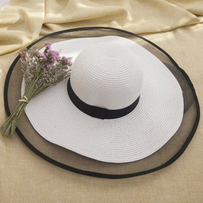 HT2504 Sun Hat Summer anti-UV Lady Wide Brim Hat Women Solid Plain Floppy Summer Straw Hats for Women Female Mesh Brim Beach Hat White 56-58cm