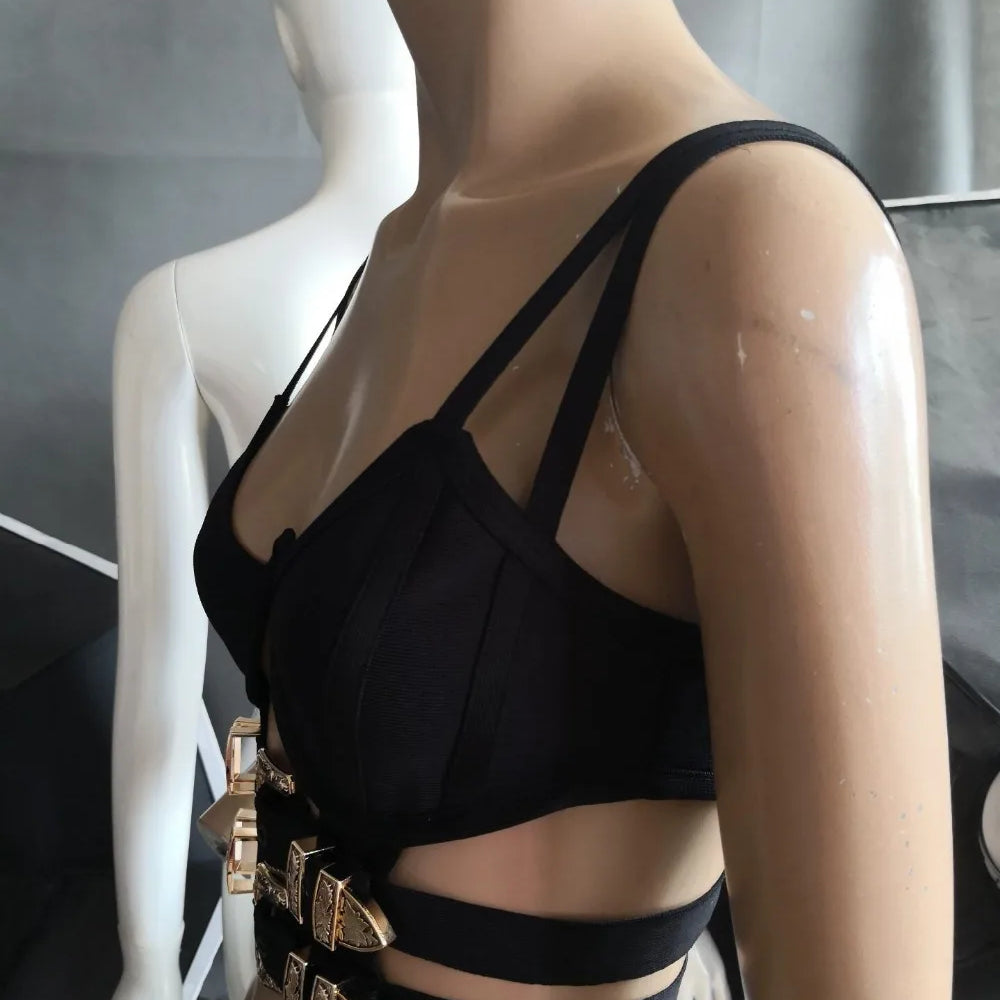 Celebrity Black Red White Sleeveless Button Short Bandage Top Bodycon Sexy Top Wear