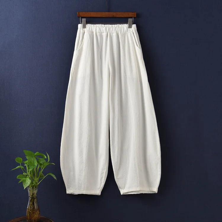 Johnature Casual Style Cotton Linen Women Pants Spring Summer New Elastic Waist Solid Color Women Vintage Wide Leg Pants WHITE One Size