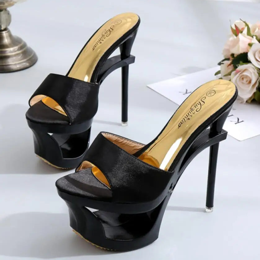 Shoes Woman Summer Slippers Sliders Female+Shoes 2024 Platform Silk Strange Style Heel 15cm Satin Face Shoes Sandalias Mujer black