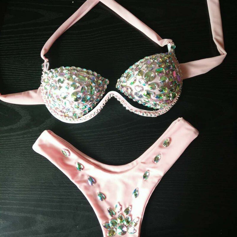 Rhinestone Triangle Bikini Luxury Crystal Diamond Women's Swimsuit Sexy Push Up Gathered Swimwear Biquini F094pink