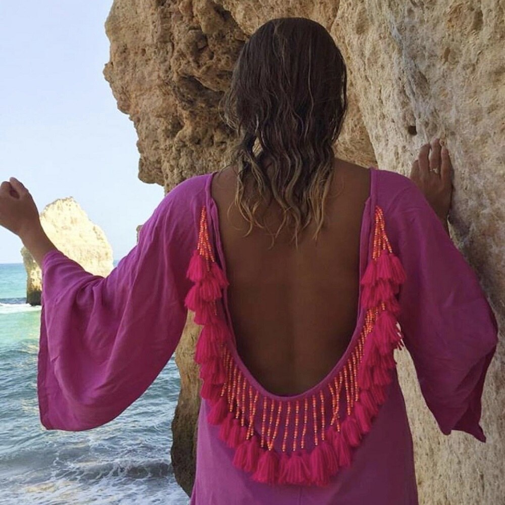 Sexy Backless Tassel Bikini Cover Up Chiffon Summer Beach Dress Swimwear
