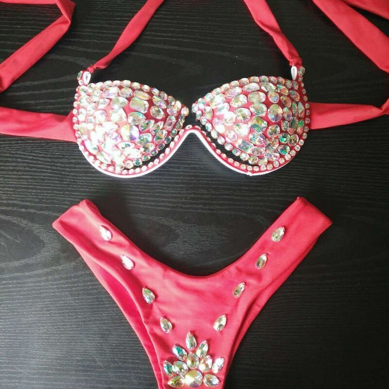 Rhinestone Triangle Bikini Luxury Crystal Diamond Women's Swimsuit Sexy Push Up Gathered Swimwear Biquini F094red
