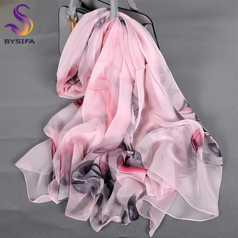 [BYSIFA] White 100% Silk Scarf Cape Fashion Floral Design Long Scarves Women Summer Utralong Beach Shawl Winter Scarves180*110cm Pink Roses