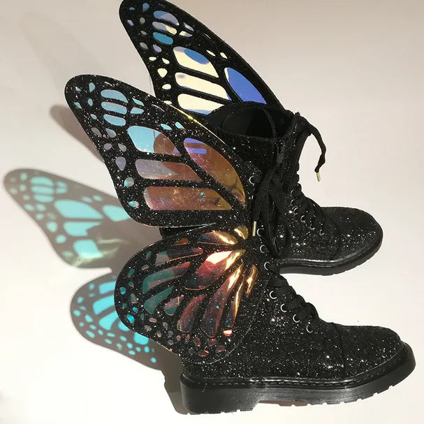 Butterfly Wings Women Shoes Shine Silver Leather Flat Sneakers Lace Up Women's ankle boots high-top Leisure Platform Shoes 2024 Black