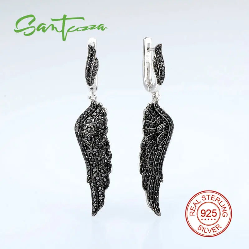 SANTUZZA Silver Earrings For Women Pure 925 Sterling Silver Black Spinel Angel's Wing Elegant brincos Dangling Fine Jewelry