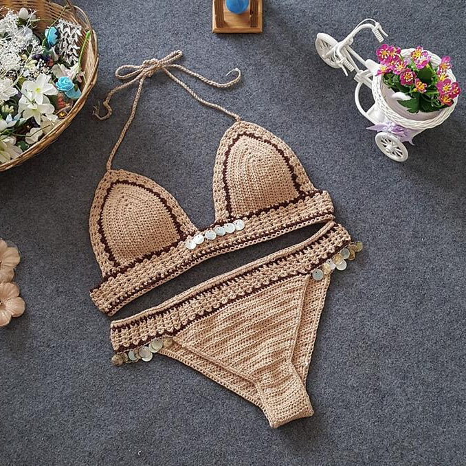 Shell Crochet 2 Pieces Bikini Set Sexy - Adjustable Strings Swimsuit Bra Wrapped Chest - Bikinis Handmade Knitted Swimwear S0682 1