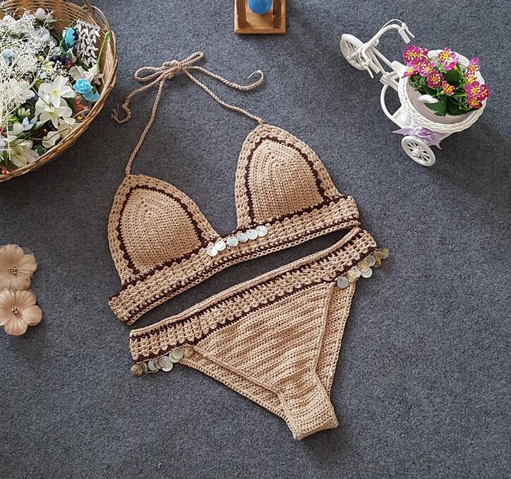 Shell Crochet 2 Pieces Bikini Set Sexy - Adjustable Strings Swimsuit Bra Wrapped Chest - Bikinis Handmade Knitted Swimwear S0682 1