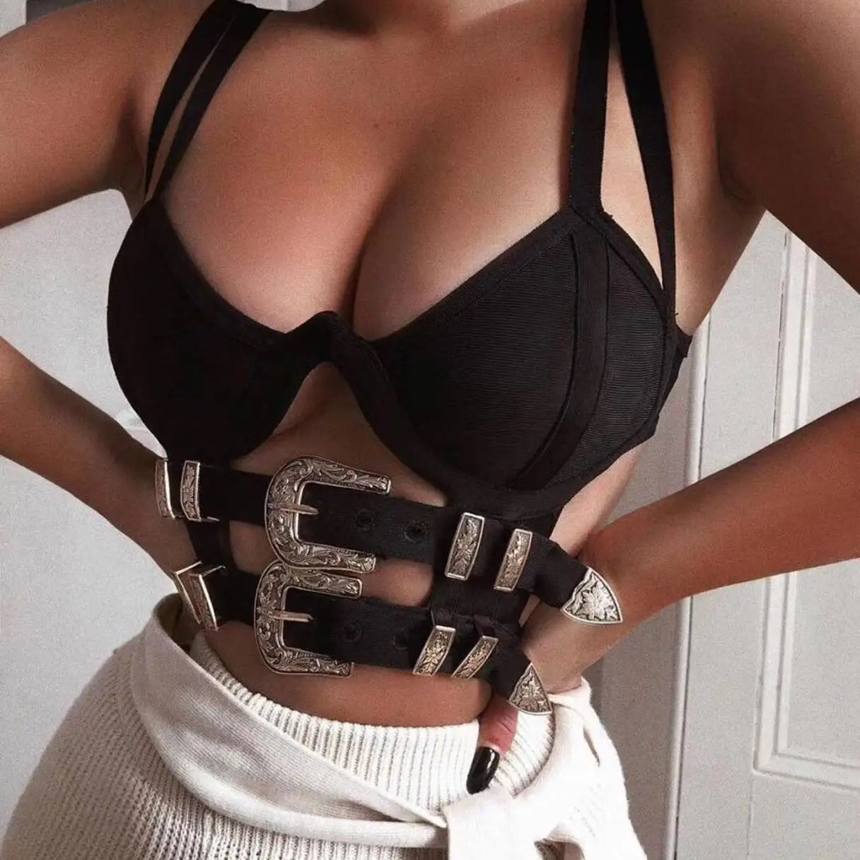 Celebrity Black Red White Sleeveless Button Short Bandage Top Bodycon Sexy Top Wear