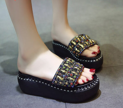 Platform Rhinestone Sandals Slippers Women Gemstone Slides Women Shoes Wedge Slippers String Bead Beach Slides Shoes