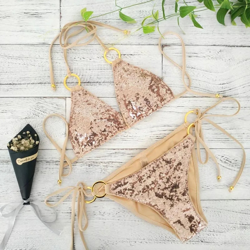 2022 New Sexy Bikinis Sequins Golden Color Women Bandage Bikini Set Push-up Padded Bra Swimsuit Suit Swimwear 2570