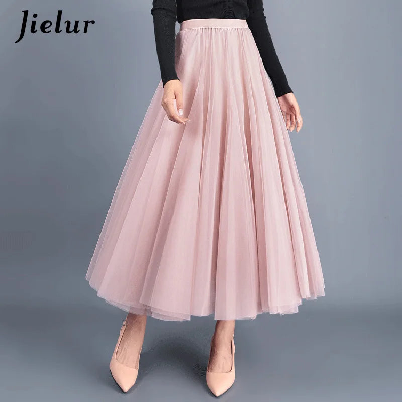 Jielur Skirts Womens Autumn 3 Layers Princess Tulle Mesh Pleated Skirt Saia Female Jupe Summer Tutu Skirts Faldas Mujer Moda Pink One Size