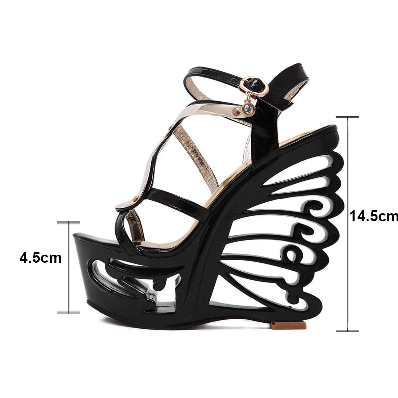 PU leather Strange Style Platform Sandals Women Hollow Out Heel Wedges Shoes Big Size Rivet High Heel Gladiator Sandals WS0071