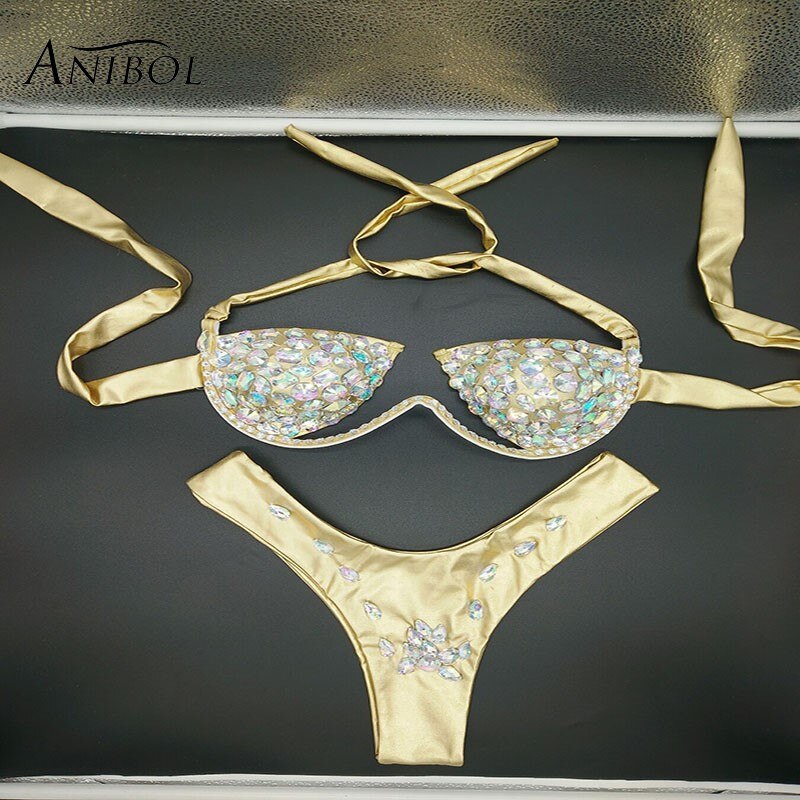 Rhinestone Triangle Bikini Luxury Crystal Diamond Women's Swimsuit Sexy Push Up Gathered Swimwear Biquini Gold