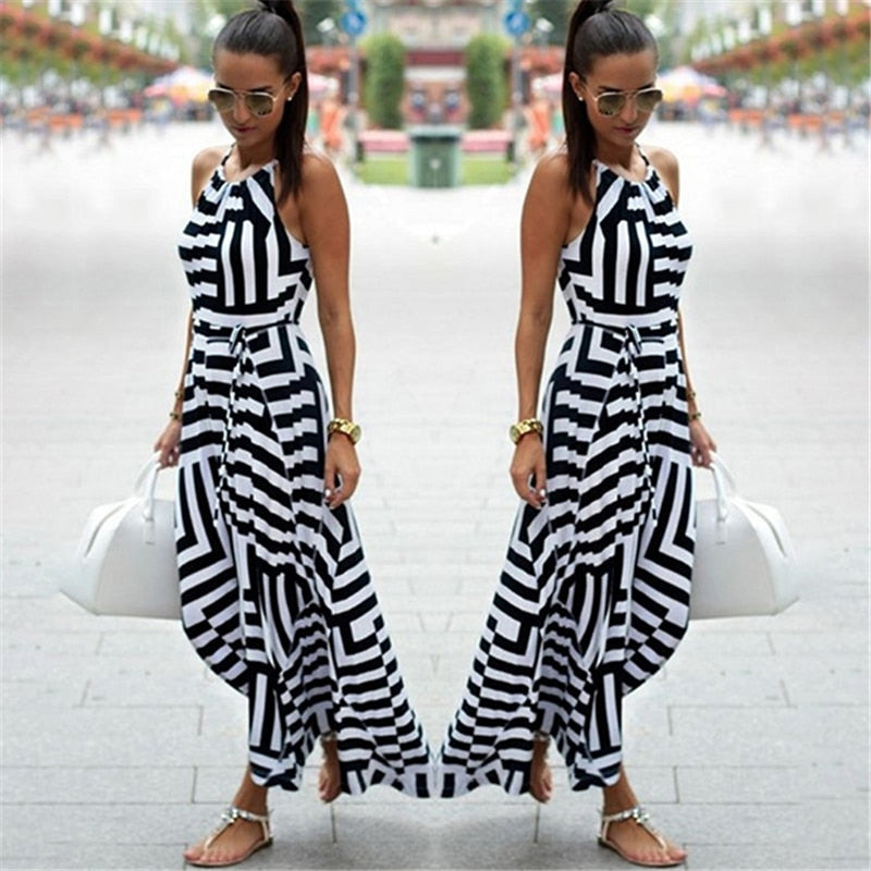 Summer Maxi Long Dress New Fashion Women Sexy Boho Striped Sleeveless Beach Style Strap Sundress Vestidos For Female Bigsweety