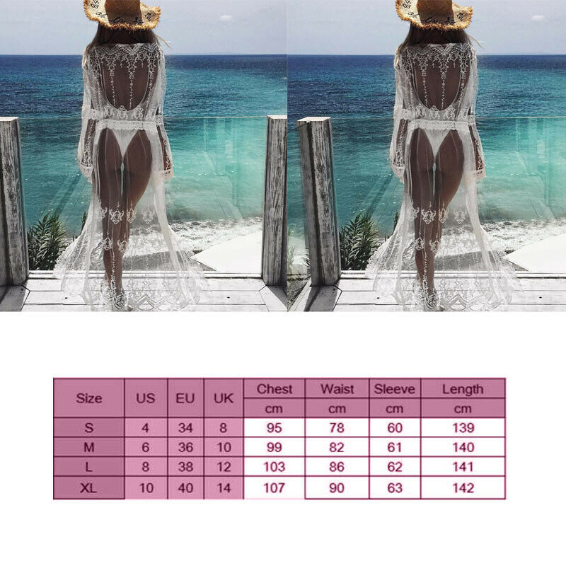 Sarong Lace Maxi Bikini Cover Up Pareo white beach dress Long Chiffon See Through Crochet Cardigan robe de plage