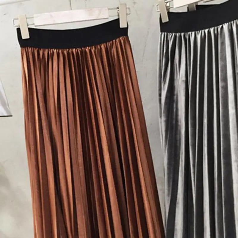 Spring Women Long Metallic Silver Maxi Pleated Skirt Midi Skirt High Waist Elascity Casual Party Skirt