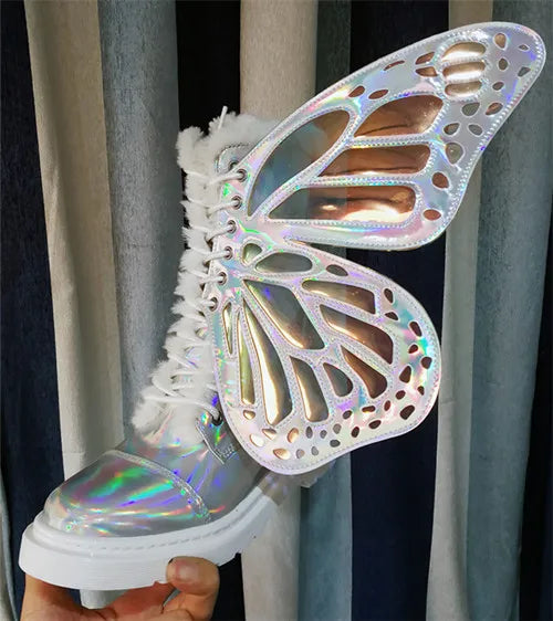 Butterfly Wings Women Shoes Shine Silver Leather Flat Sneakers Lace Up Women's ankle boots high-top Leisure Platform Shoes 2024 White