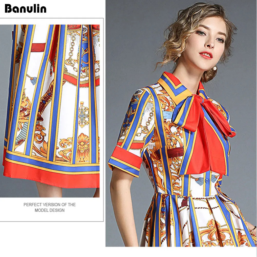 Banulin HIGH QUALITY 2020Newest Runway Designer Summer Dress Women's Short Sleeve Shirt Collar Stripe Printed Bow Midi Dress
