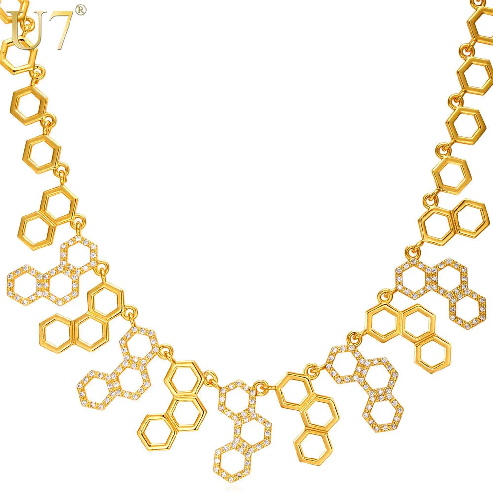 U7 Hexagonal Jewelry New Trendy Molecule Necklace For Women Gold Color Party Statement H2O Necklace N546