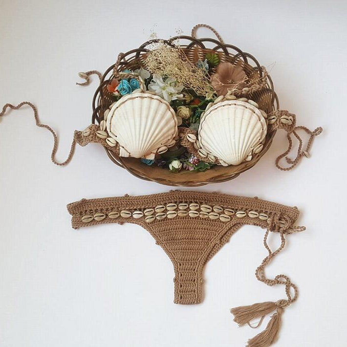 Shell Crochet 2 Pieces Bikini Set Sexy - Adjustable Strings Swimsuit Bra Wrapped Chest - Bikinis Handmade Knitted Swimwear