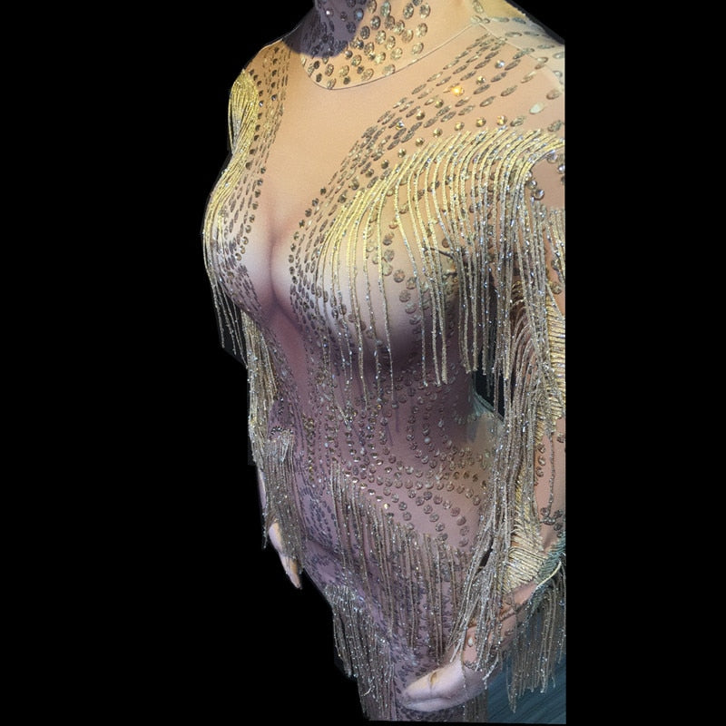 Sexy Singer Host Stage Wear Celebration Performance Costume Nightclub Fringes Dress Crystals Tassels Sleeve Stretch Long Dress