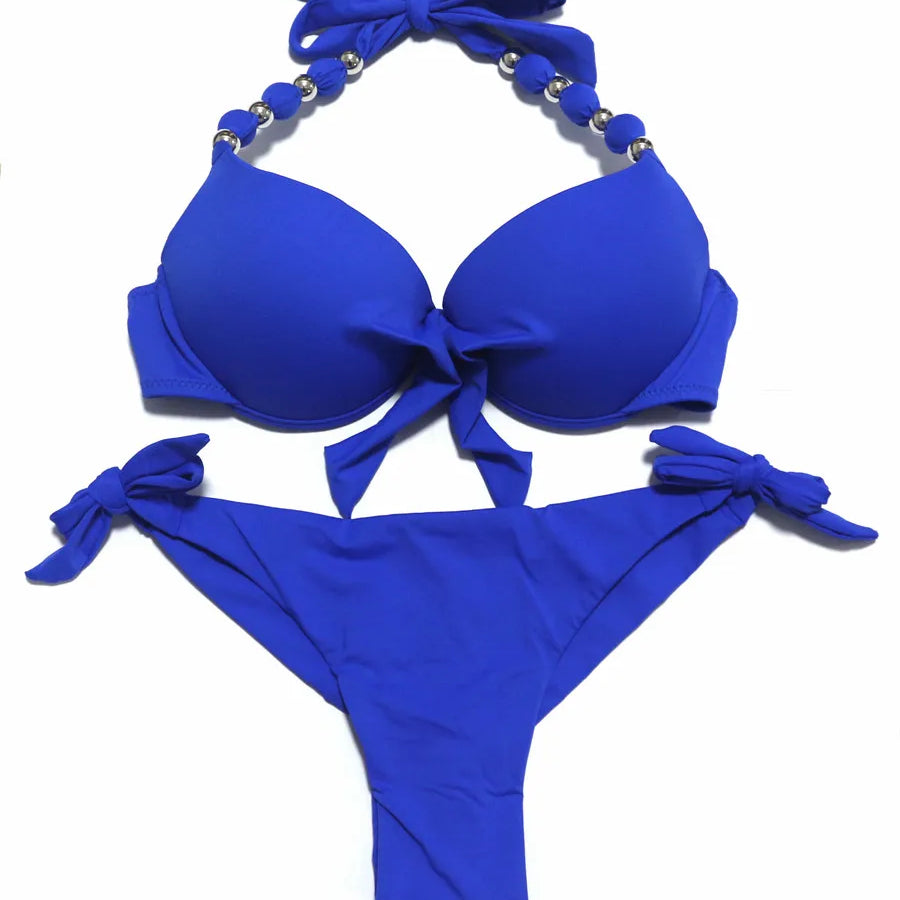 EONAR Push Up Bikini Women Bandage Swimsuits Brazilian Cut Bottom Bikini Set Bathing Suits maillot de bain femme Swimwear Blue
