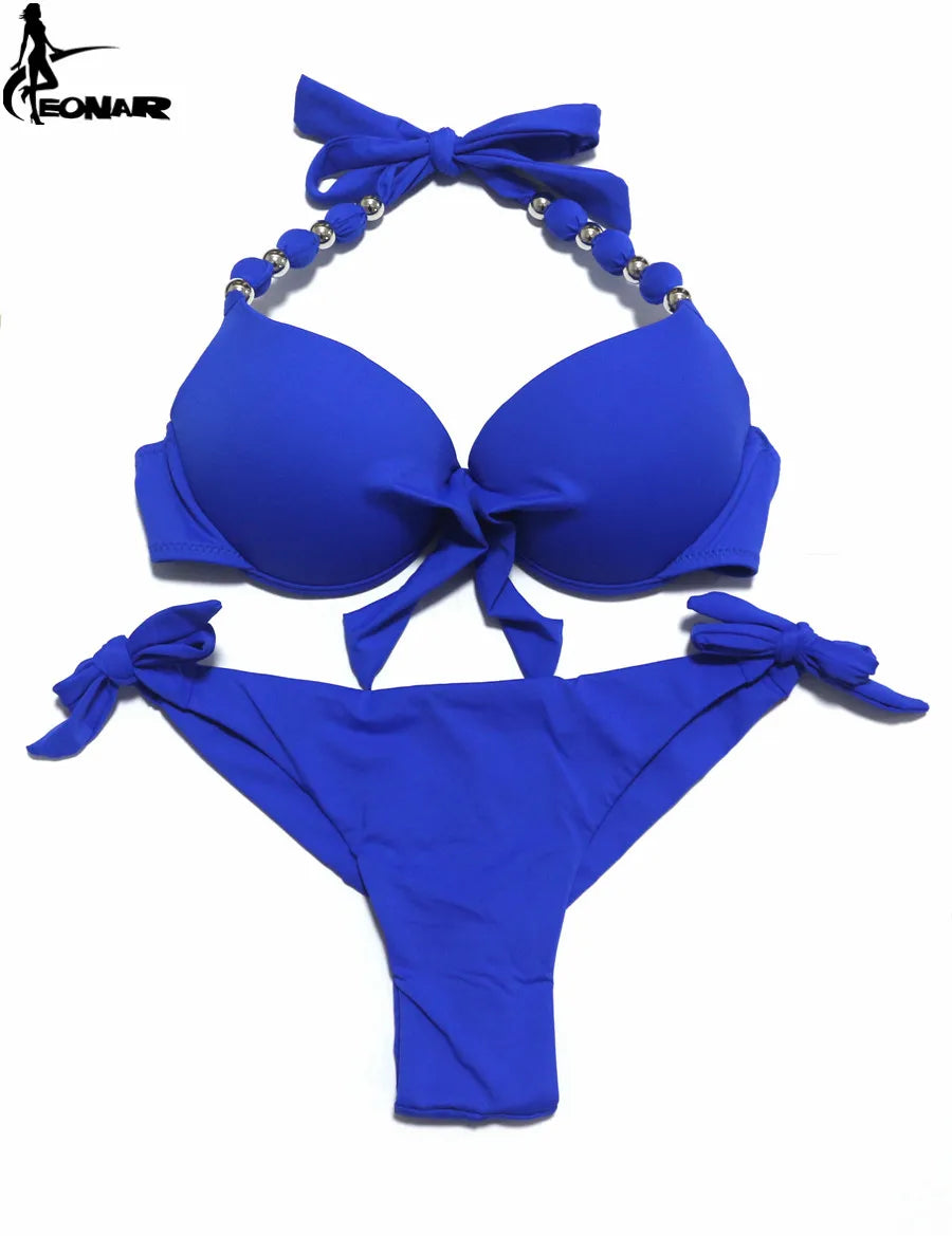 EONAR Push Up Bikini Women Bandage Swimsuits Brazilian Cut Bottom Bikini Set Bathing Suits maillot de bain femme Swimwear Blue