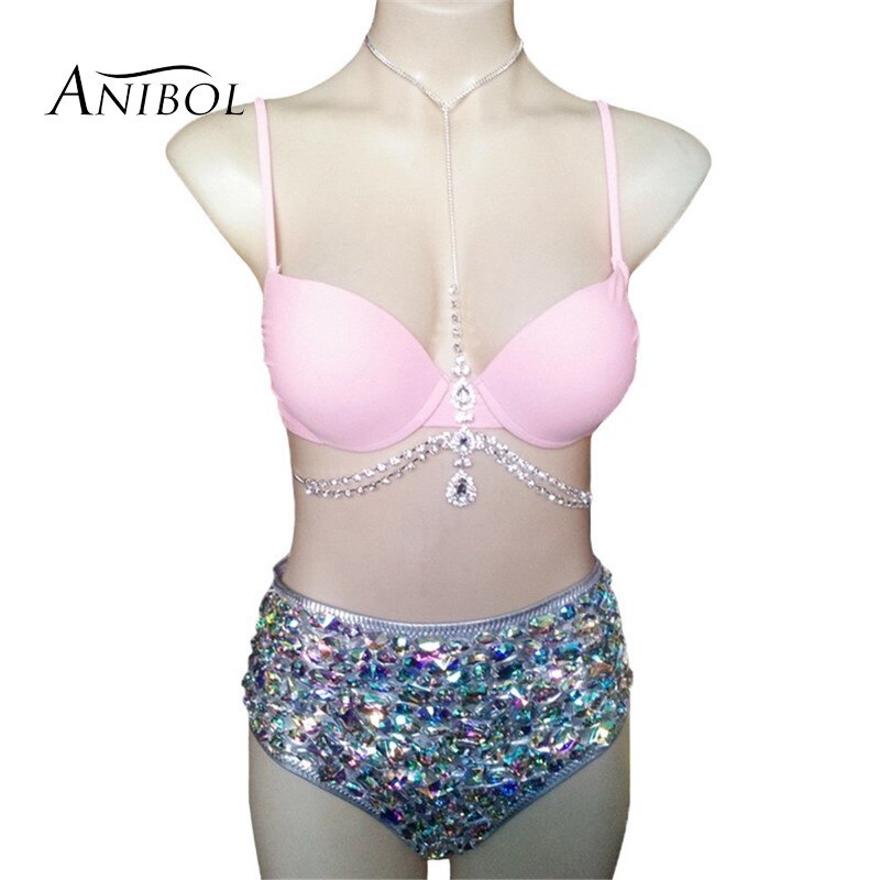 Sexy Push Up Bikini Luxury Rhinestone Diamond Swimsuit Hand Sewing Crystal Women's Swimwear Summer Beach Wear Biquini Silver with chain