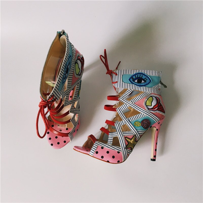 Women Summer Sandals Colorful Embroider High Heels Sandalias Fashion Zapatos Mujer Lace Up Pumps Prom Booties