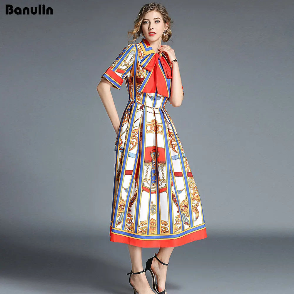 Banulin HIGH QUALITY 2020Newest Runway Designer Summer Dress Women's Short Sleeve Shirt Collar Stripe Printed Bow Midi Dress
