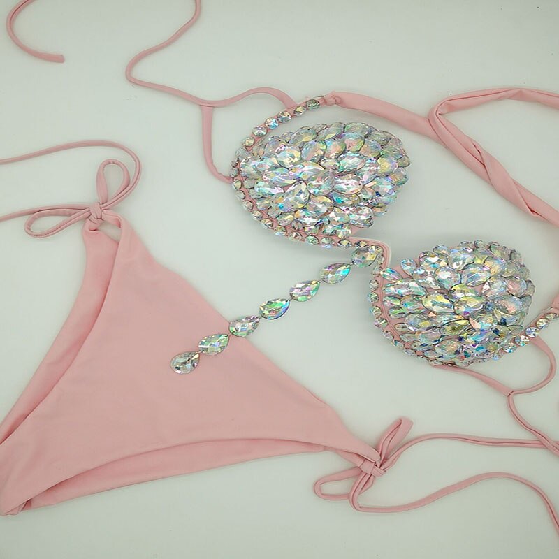 Sexy Gathered Crystal Diamond Bikini Luxury Rhinestone Women's Swimsuit Push Up Halter Straps Triangle Bathing Suit Pink
